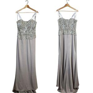 NWOT Montage by Mon Cheri Strapless Beaded Satin Gown Womens 12 Champage Sheer